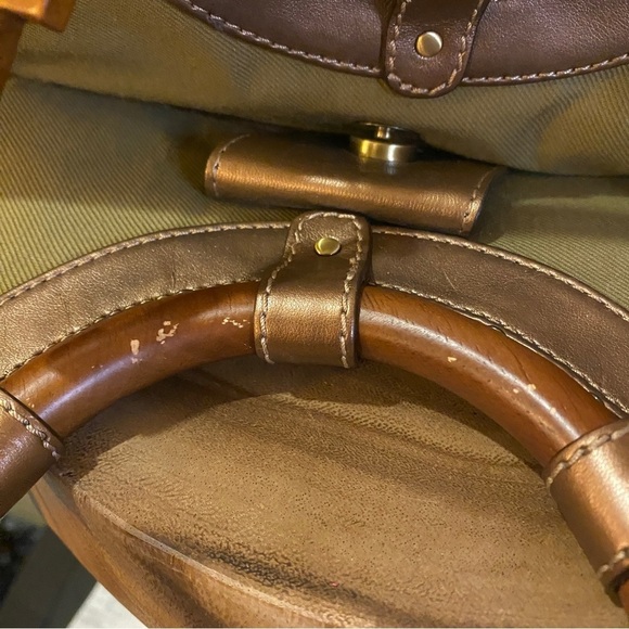 Fossil handbag dark Hawaiian tropical palm print wooden handles or strap - Picture 10 of 13